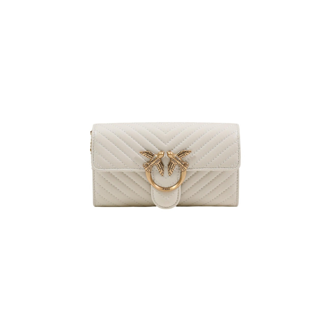 portafoglio Pinko Love One Wallet in nappa trapuntata con motivo chevron, colore bianco seta, con fibbia Love Birds Diamond Cut color oro anticato