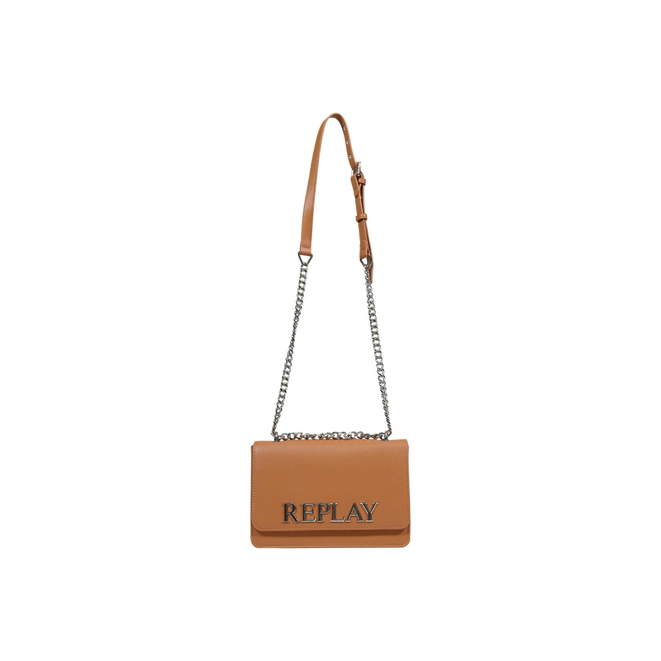 Borsa Replay Marrone; 100% Poliestere. Maxi logo, tracolla a catena, chiusura con patta. Dimensioni 25x17x7 cm. Borsa a tracolla media dallo stile casual-chic contemporaneo. Vista frontale Con tracolla 