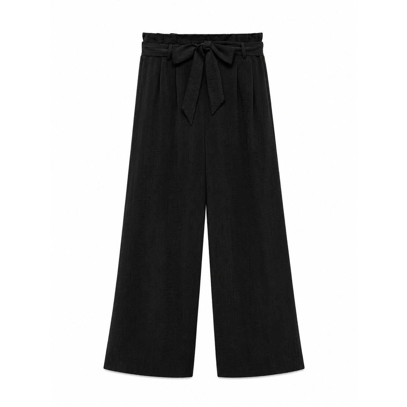 Pantaloni Donna Fantasia Nero Vero Moda Culotte; Taglio wide leg a gamba larga con lunghezza al polpaccio in misto viscosa fluida. Vita alta con cordino regolabile e tasche anteriori, stile casual primavera-estate. Vista frontale stesa 