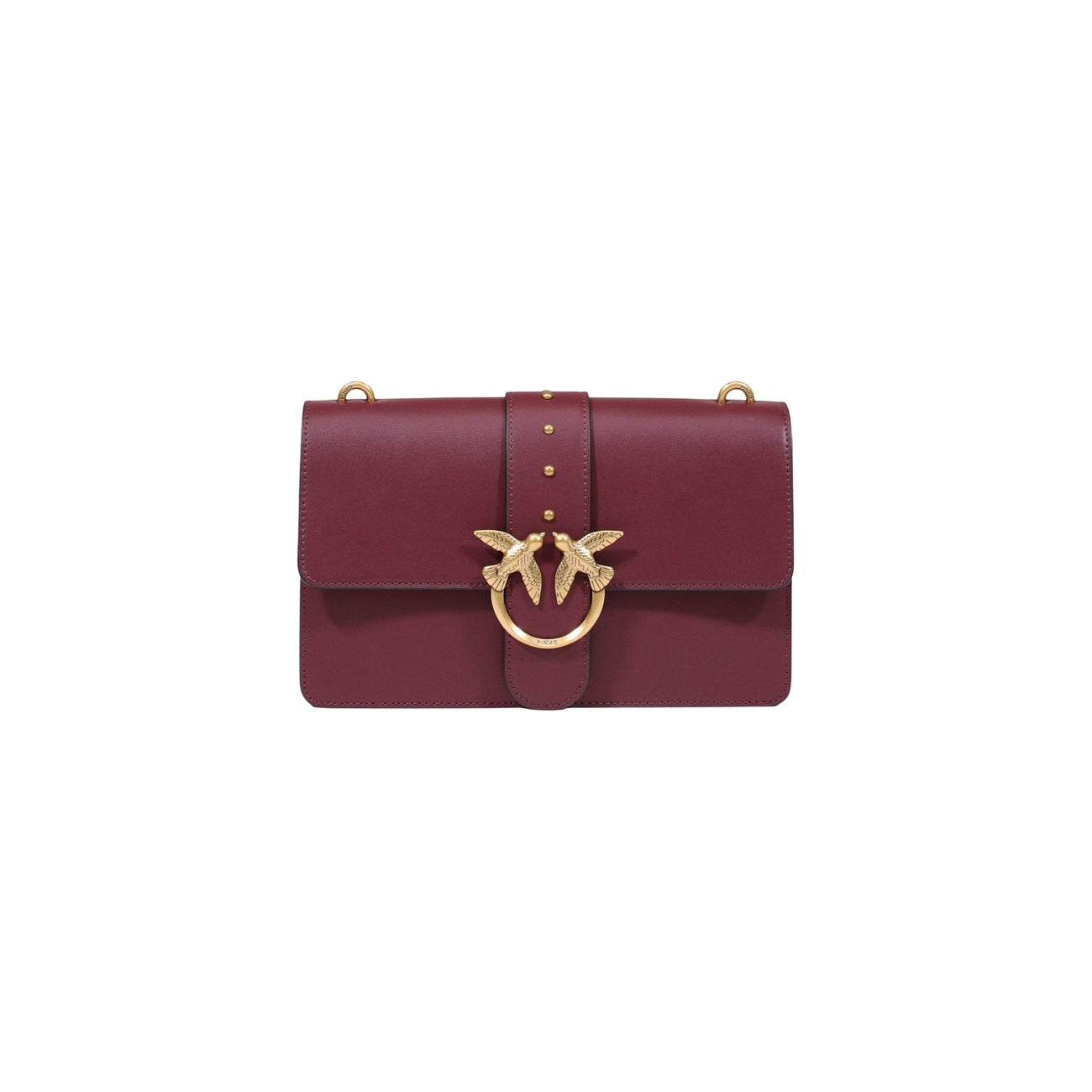 Borsa Pinko Love One Classic bordeaux donna 105857 A0F1. Borsa media da donna bordeaux in pelle con fibbia dorata Love Birds, tracolla in catena metallica regolabile, borsa a spalla elegante e casual 4 stagioni.