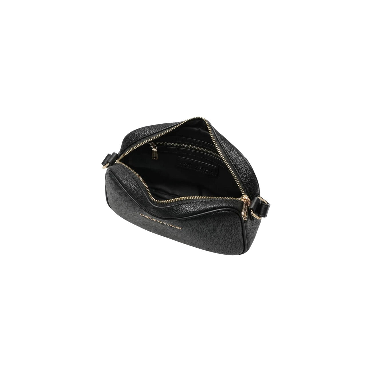 Borsa Nera Donna Valentino Bags Daphne; Misure 7x15x7 cm. Tessuto 100% poliuretano martellato con tracolla regolabile e chiusura superiore con zip. Organizzazione interna con tasche, stile casual ed elegante 4 stagioni. Vista aperta 