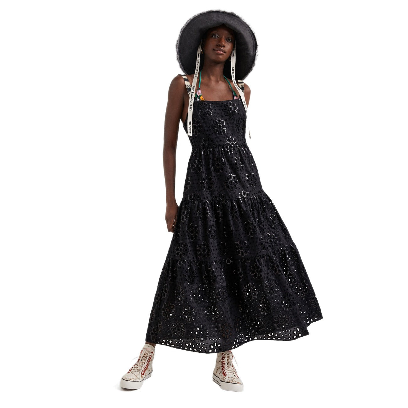Abito lungo Desigual nero con spalline e scollo quadrato in cotone - vista frontale

