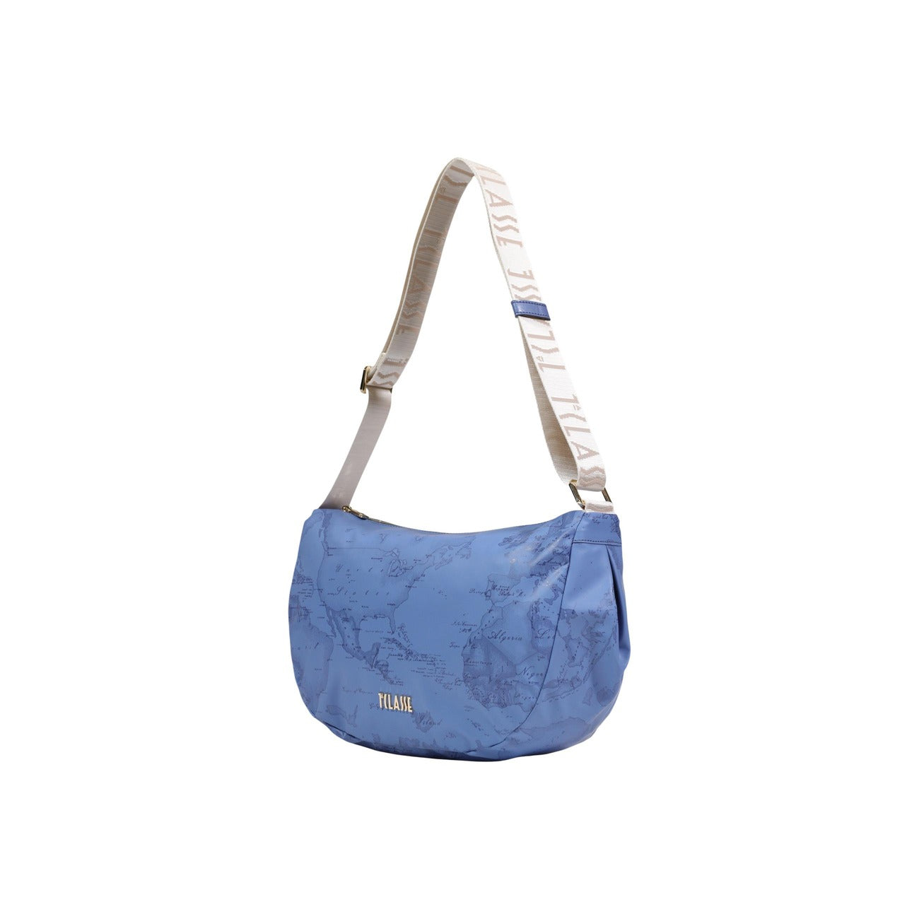 Borsa Media Alviero Martini; 58% Poliestere, 42% PU. Chiusura con zip, tracolla regolabile, logo metallico. Borsa donna leggera, sicura e iconica. Colore blu azzurro 
