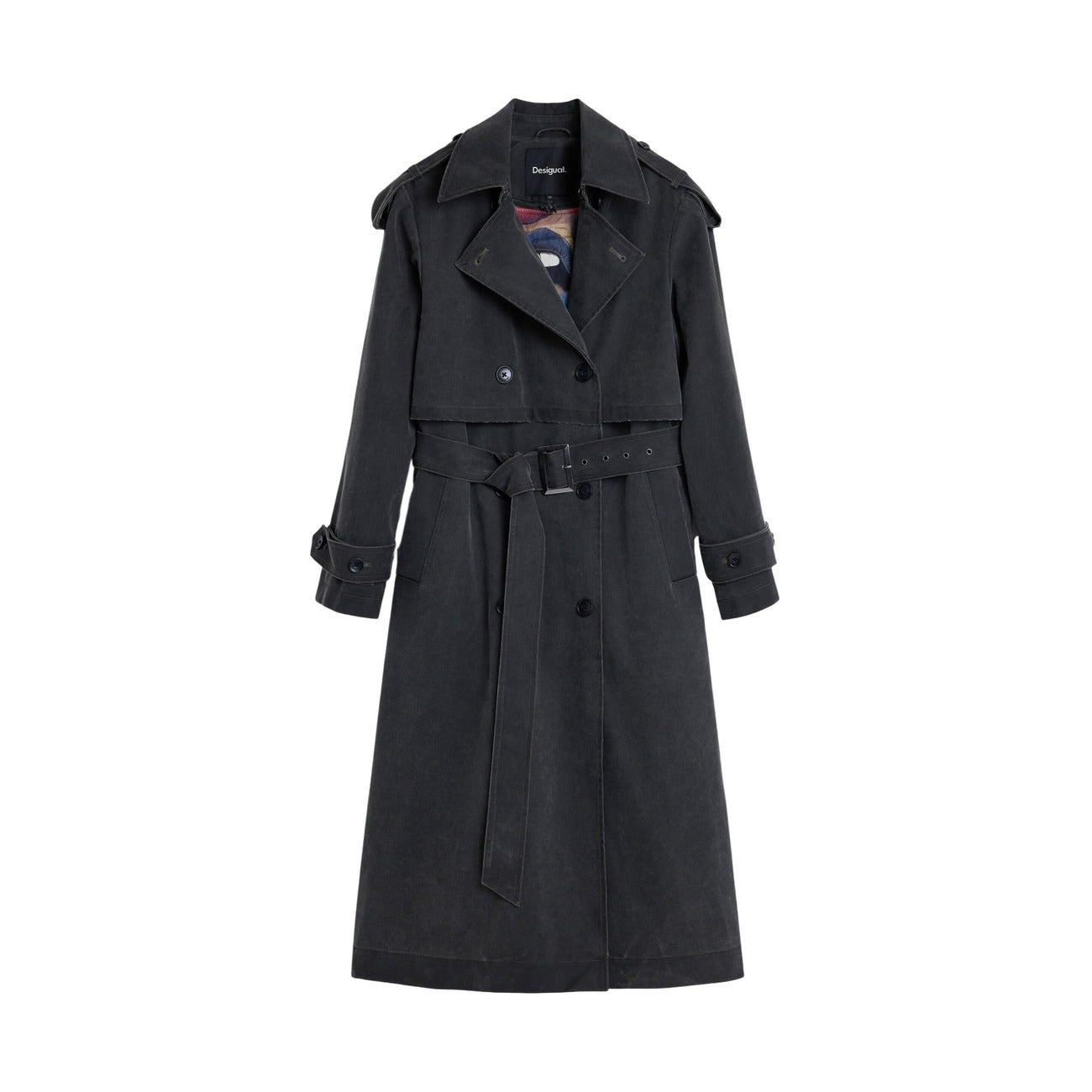 Cappotto Desigual donna grigio con bottoni bavero manica lunga - vista frontale steso
