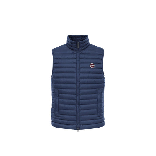 Gilet uomo Colmar Originals blu navy 100 grammi 1248 8VX. Smanicato leggero da uomo blu scuro idrorepellente con imbottitura in piuma, chiusura zip doppio cursore, coulisse sul fondo e logo al petto, gilet da mezza stagione casual sportivo.
