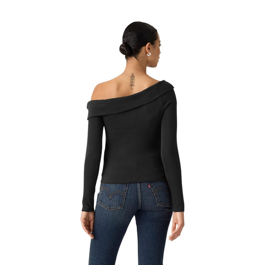 T-shirt nero antracite maniche lunghe donna Levi's Clara 008ST-0000. Top aderente con scollo a spalle scoperte off-shoulder in maglia elasticizzata a coste.