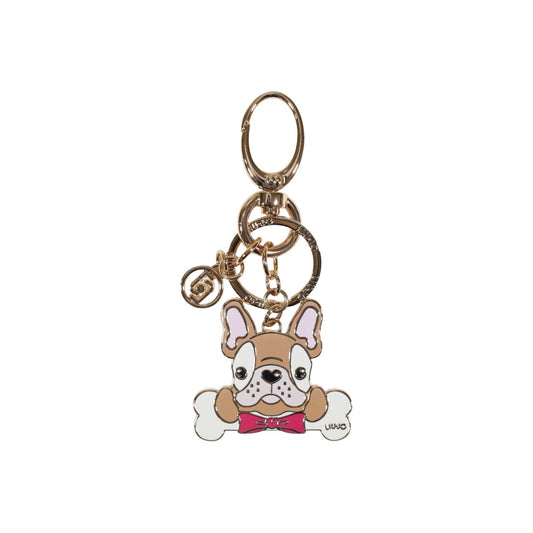 Portachiavi Liu Jo Cagnolino; 100% Metallo Dorato. Doppio aggancio (anello e moschettone), design figurativo con dettagli curati. Accessorio 4 stagioni, ideale come idea regalo o charm borsa. Vista frontale 