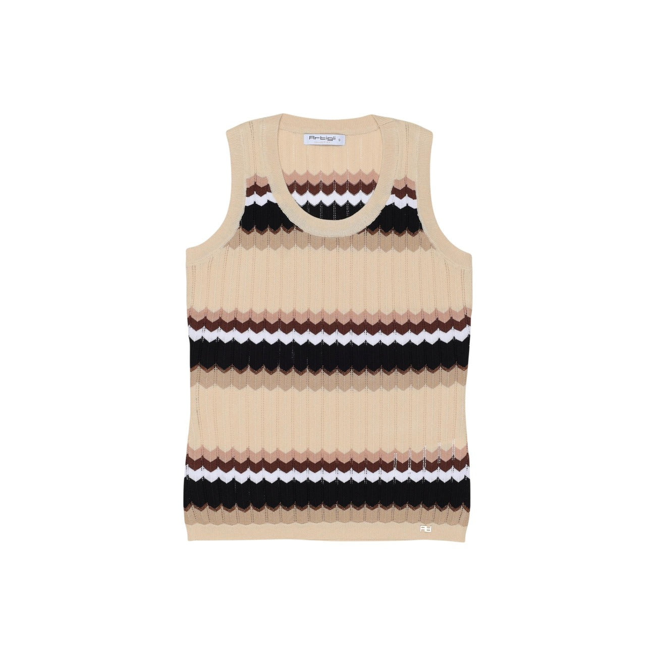 Canotta Artigli ACMA004455; Viscosa, Nylon e Lurex. Motivo chevron, maglia a costine, spalline ampie. Top donna luminoso, traspirante e sagomato per la stagione PE26. Vista frontale 