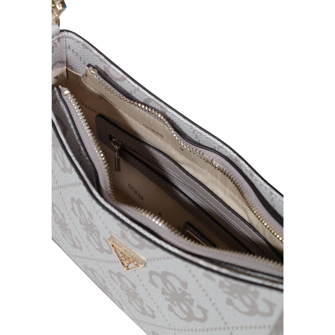 Guess Noelle II Shoulder Bag; 100% Poliuretano. Stampa 4G Beige, chiusura zip, metalleria dorata. Borsa donna a mano 29x18x6 cm con tasche esterne ed interne. Vista cerniera 