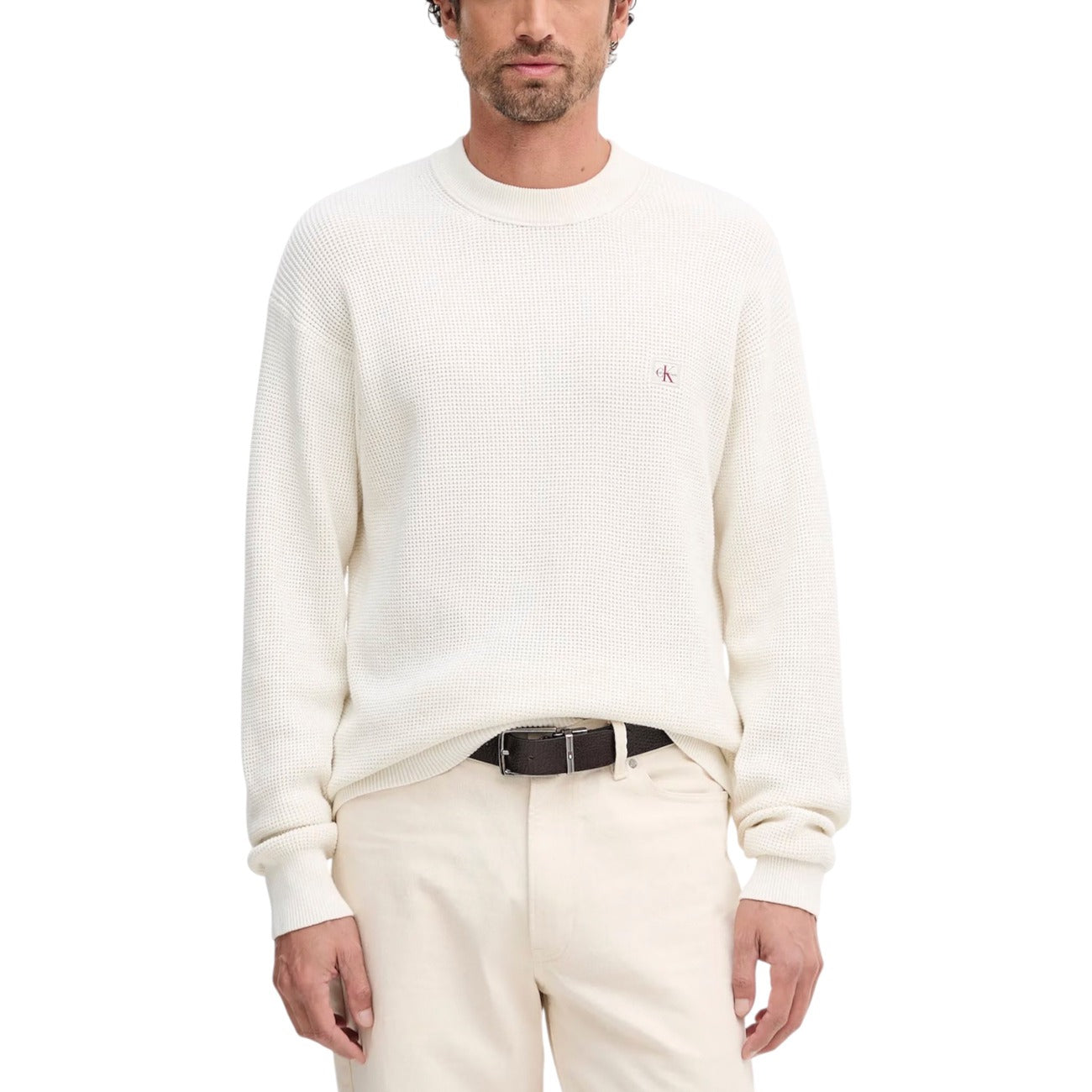 Calvin Klein Jeans Maglia Uomo Beige Scollo Tondo Manica Lunga Cotone 100% Autunno Inverno LV04RD313G