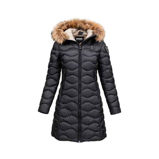 Piumino lungo nero donna Blauer LYNEL – Giubbotto trapuntato a onde con cappuccio e pelliccia 26WBLDK03036.