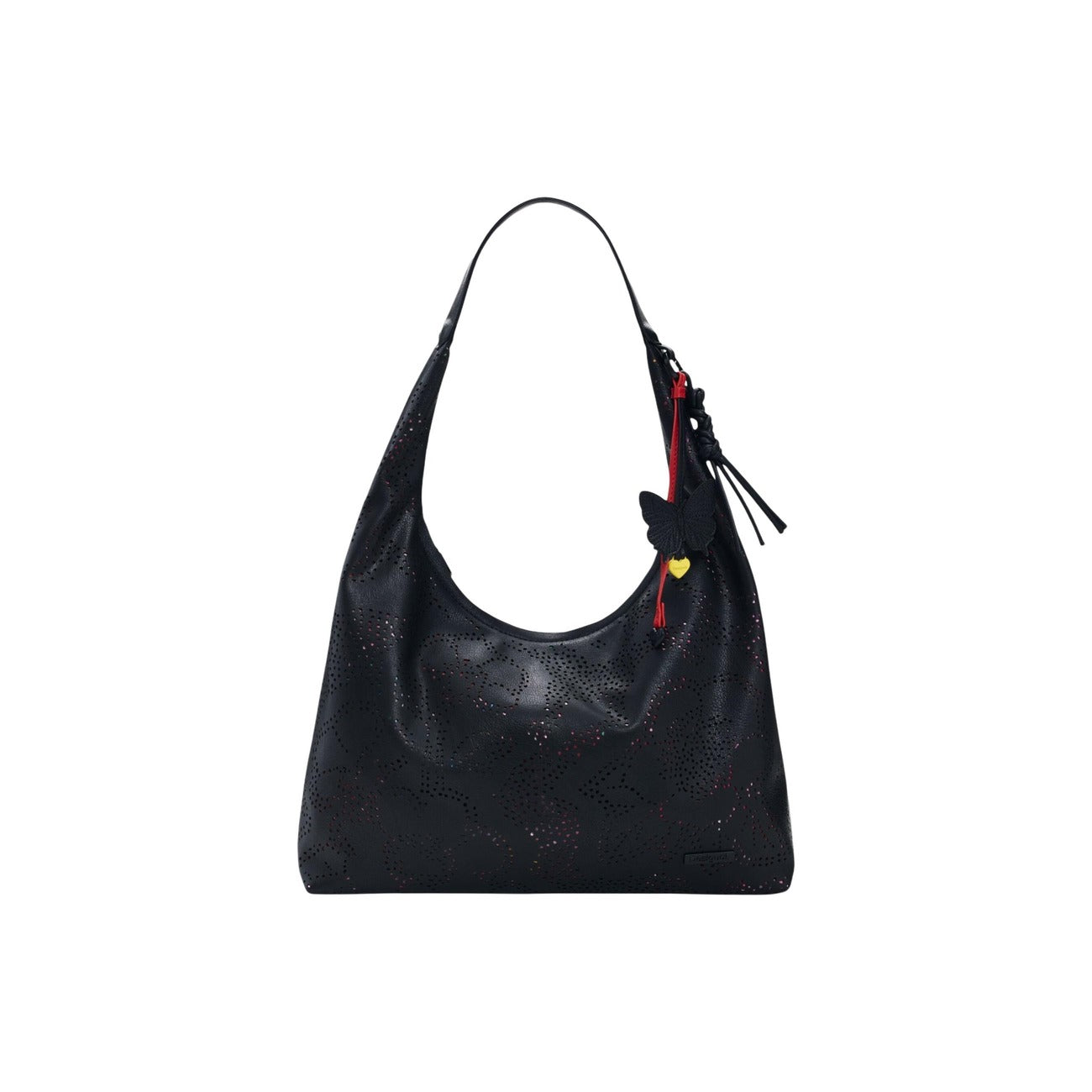 Borsa media traforata con fiori in effetto pelle su tessuto stampato, con manico fisso, manico intrecciato rimovibile a contrasto di colore e dettaglio charm a forma di farfalla. Vista frontale 