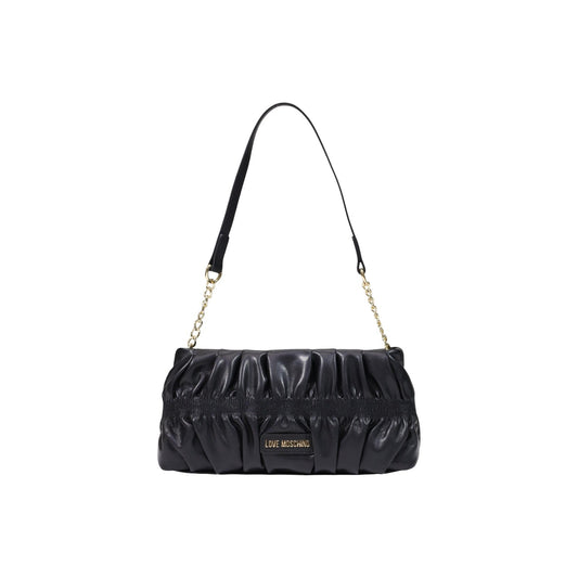 Borsa Love Moschino donna nera a spalla modello JC4089PP. Borsetta piccola elegante plissettata effetto pelle nera con tracolla a catena oro e zip stile elegante, casual chic e da sera.