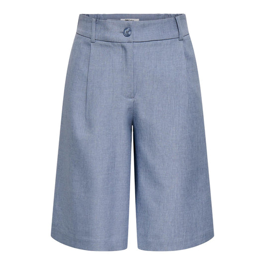 Only Onllinda Long Shorts; Blu Melange. 50% Poliestere Riciclato. Vita alta elastica, taglio lungo ampio, pieghe anteriori. Tessuto leggero e sostenibile, stile casual-elegante. Vista stesa frontale 
