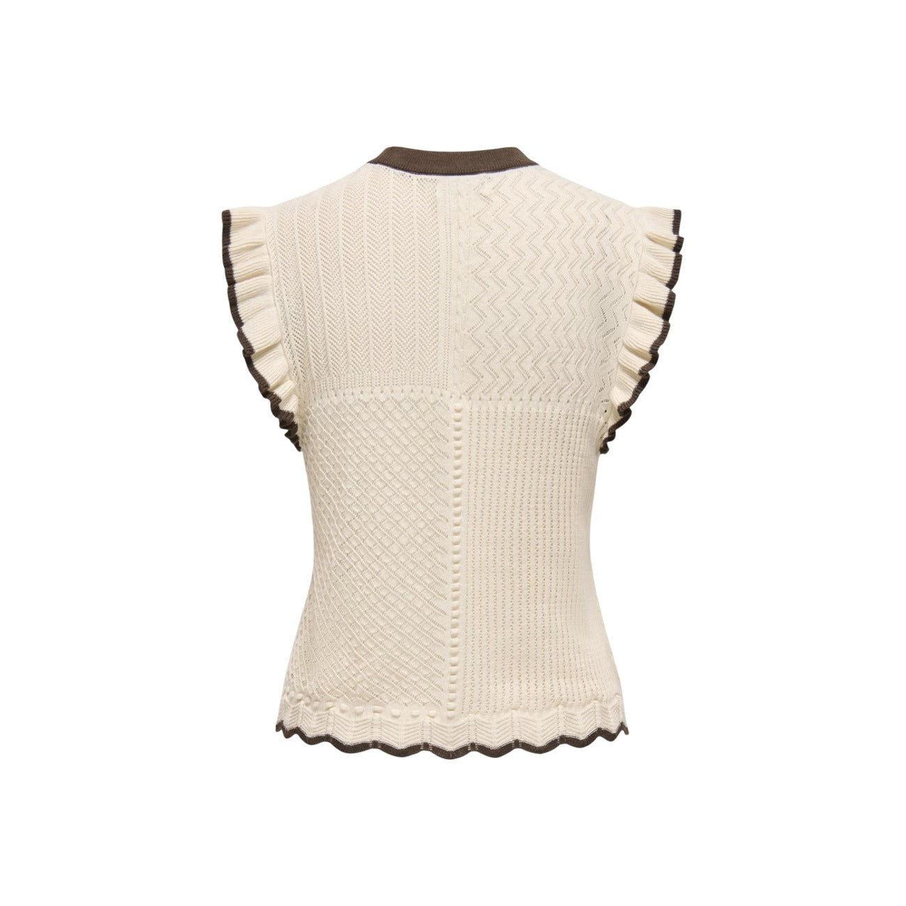 T-shirt maglia beige JDY Jacqueline De Yong 15359375. Top estivo in cotone lavorato a maglia piatta con motivo geometrico beige, girocollo e dettagli volant sulle maniche, maglietta donna casual chic primavera estate.