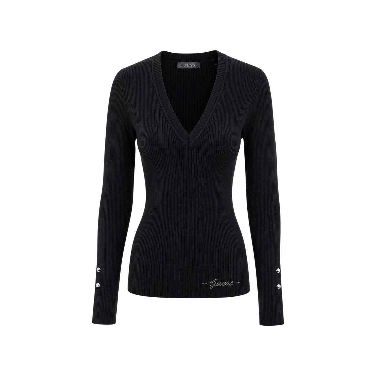 Maglia Coste Nera Donna Guess Ellie Sweater; Tessuto 71% viscosa e 29% poliammide a maniche lunghe con profondo scollo a V. Bottoni metallici ai polsini, stile casual-chic da mezza stagione. Vista frontale stesa 