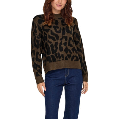 Jacqueline De Yong Maglia Donna Beige Leopardata - Maglione Maniche Lunghe Scollo Tondo