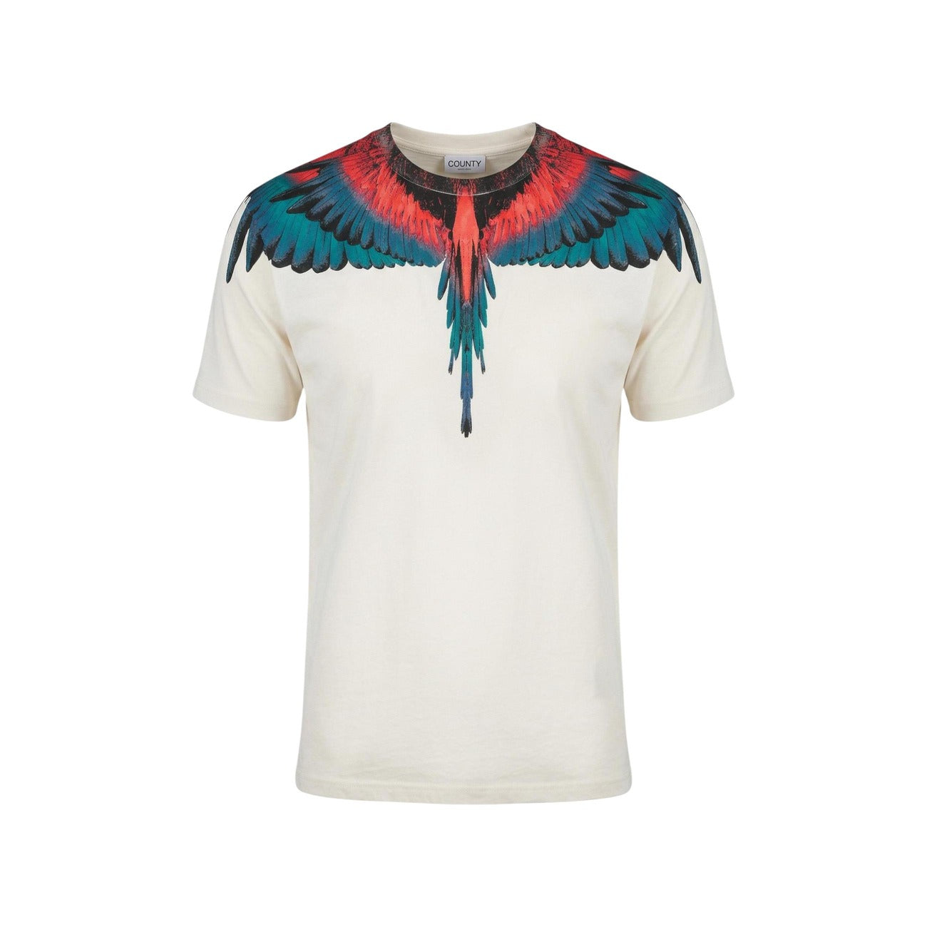 T-shirt County of Milan Wings; 100% Cotone. Grafica ali rosso/blu su spalle e collo, vestibilità regular. Maglia uomo iconica, fresca e di tendenza per la PE26. vista frontale Stesa