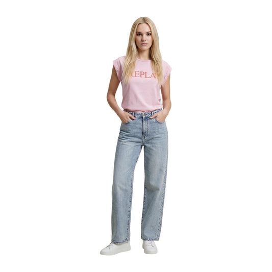 T-shirt Replay Rosa; 100% Cotone. Vestibilità slim, maniche corte, girocollo. Logo stampato, tessuto leggero ideale per la stagione calda. Stile urban-casual. Figura intera 
