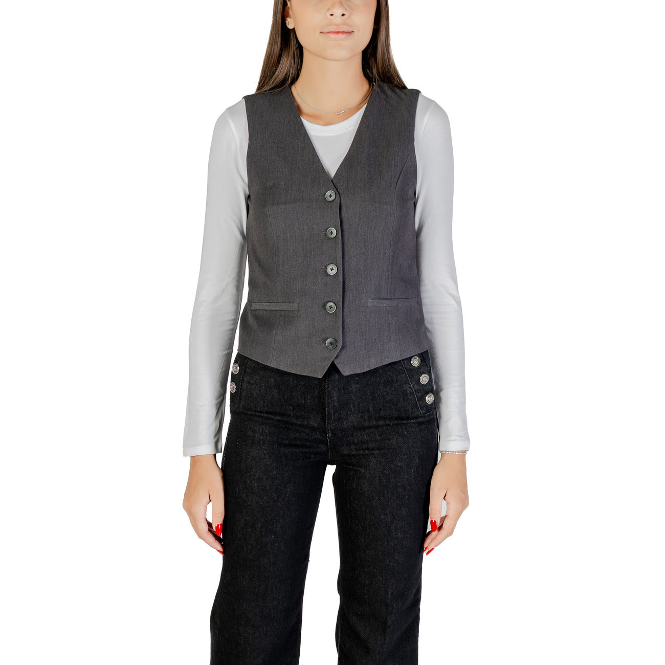 Only Gilet Donna Grigio Smanicato Bottoni Scollo V 80% Poliestere 15% Viscosa 5% Elastan Autunno/Inverno 15331287