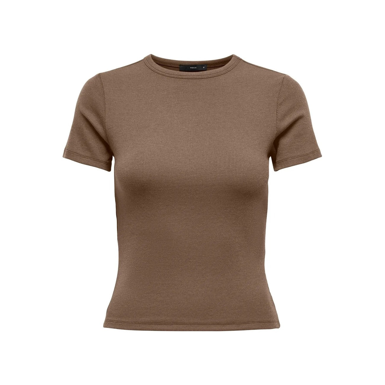 T-shirt Donna Only; Maglietta a maniche corte aderente tight fit in misto viscosa e poliestere stretch. Scollo paricollo tondo, stile casual-luxury essenziale per la primavera e l'estate. Marrone Frontale stesa 