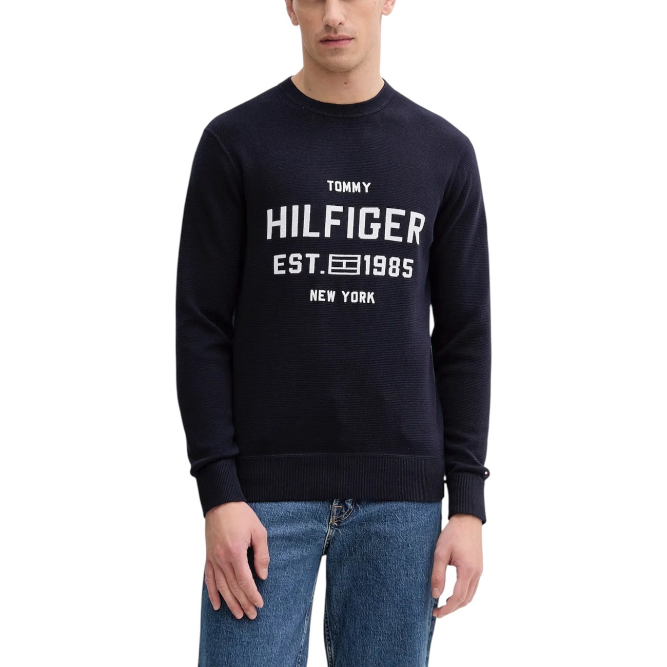 Tommy Hilfiger Maglia Uomo Beige con Stampa - Maglietta Manica Lunga Girocollo Cotone Organico