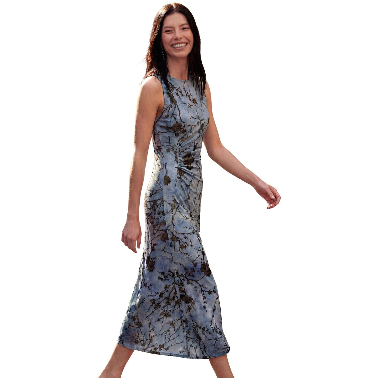 Abito Desigual donna azzurro Cougar REPRIS_VEST_COUGAR. Vestito midi aderente smanicato con scollo halter, maglia floccata a fantasia floreale orientale scura, collezione primavera estate.