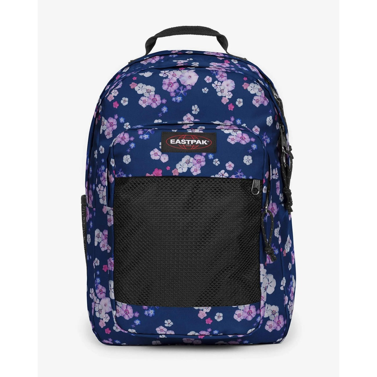 Zaino Eastpak Blu con fiori lilla; Dimensioni 29x44x28 cm. Doppio comparto con apertura a U, tasca laptop 16 pollici e portaborraccia. Organizer integrato e schienale trapuntato, stile casual-studio