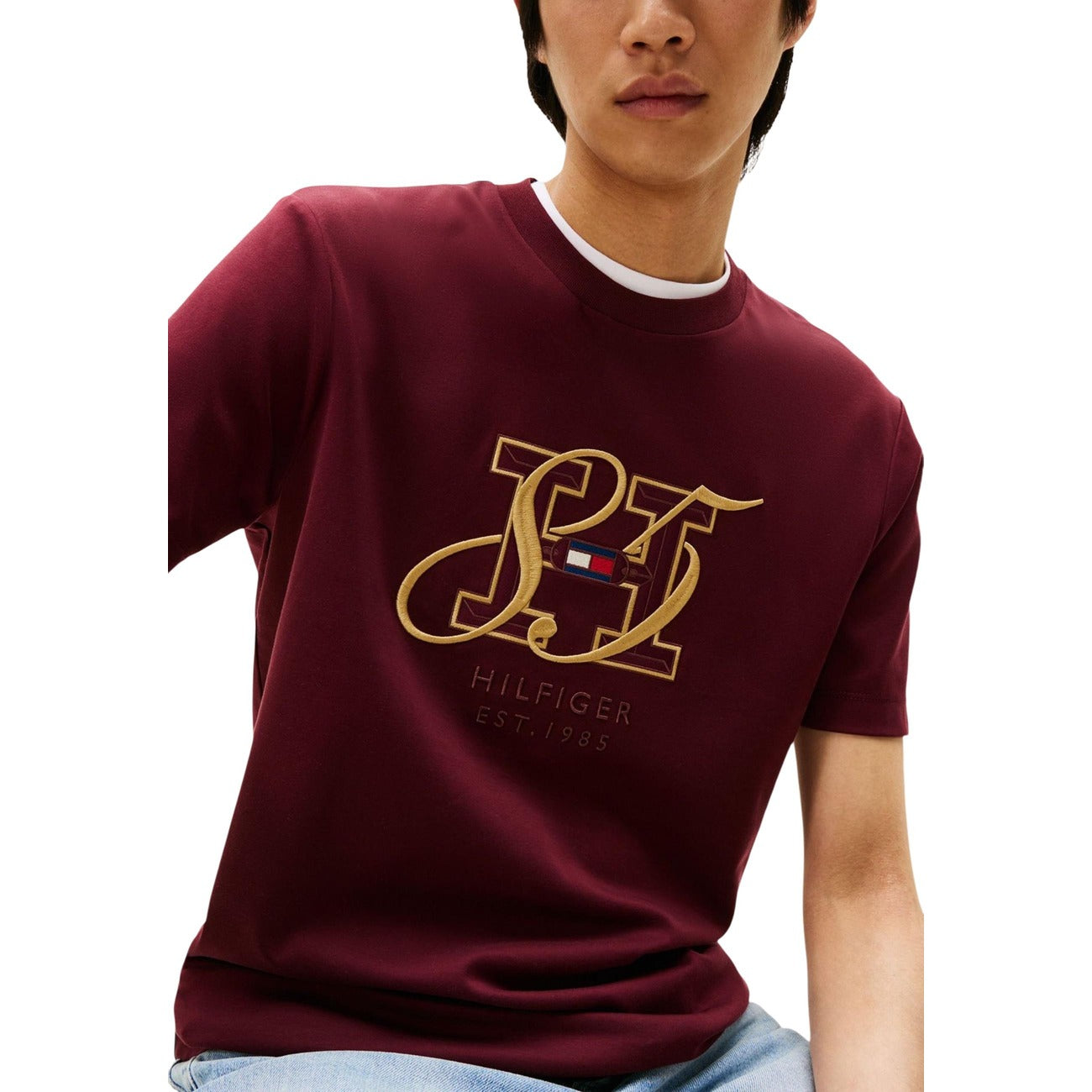 Tommy Hilfiger T-Shirt Uomo Bordeaux Stampa Maniche Corte Scollo Tondo Cotone Organico 87% Elastan 13% Autunno Inverno MW0MW39569