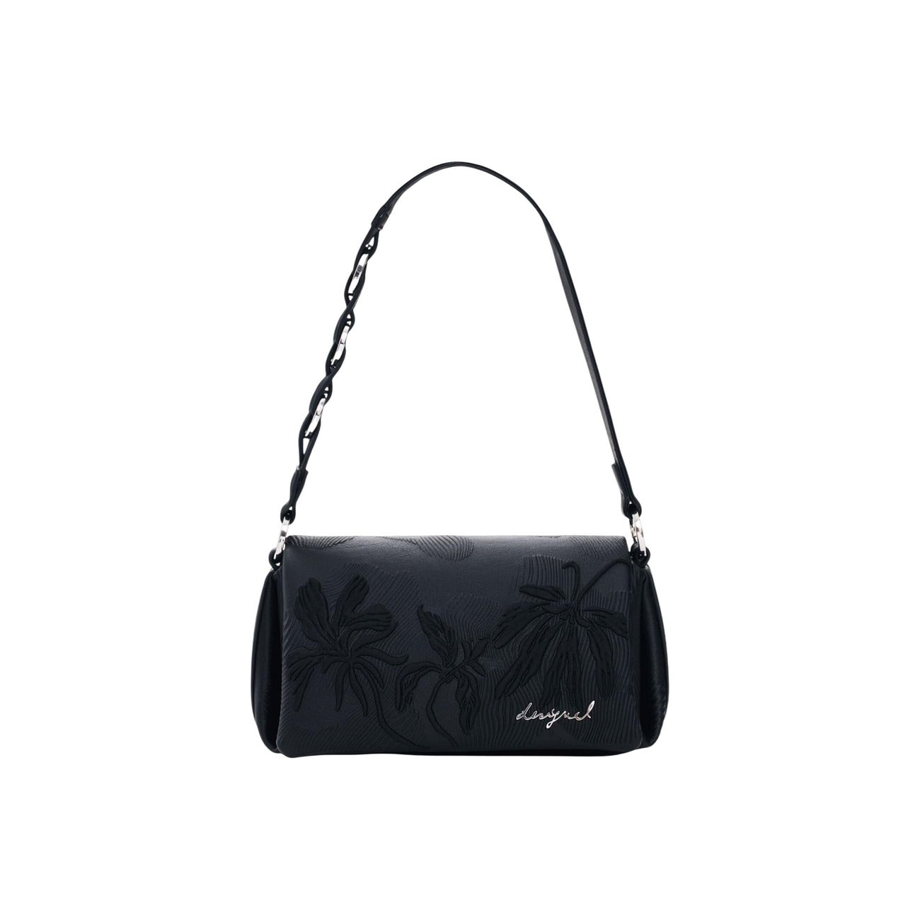 Borsa piccola con pattina e fiori ricamati in rilievo nello stesso tono, tracolle intercambiabili e charms rimovibili con perline colorate e strisce effetto pelle. Vista frontale 
