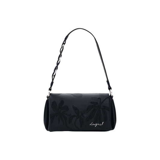 Borsa piccola con pattina e fiori ricamati in rilievo nello stesso tono, tracolle intercambiabili e charms rimovibili con perline colorate e strisce effetto pelle. Vista frontale 