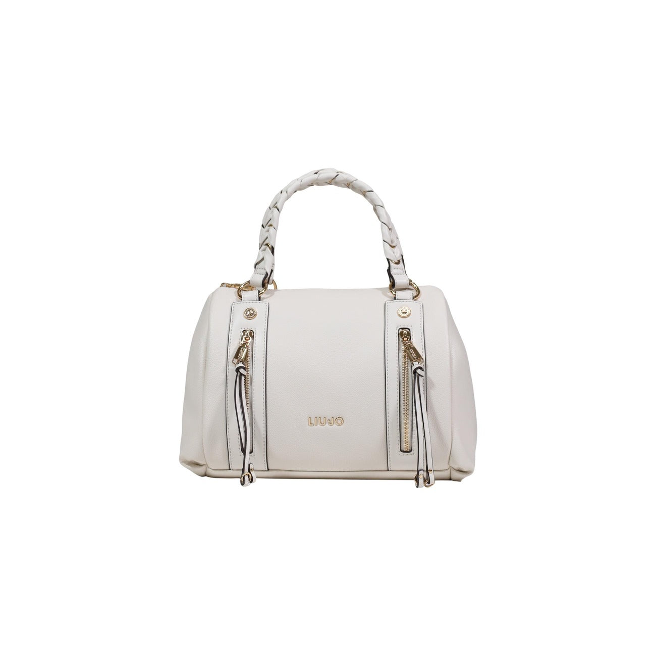 Borsa bauletto media Liu Jo; manici intrecciati, dettagli metallici dorati, zip decorative logate. Design strutturato in poliuretano premium. Colore panna. Vista frontale 