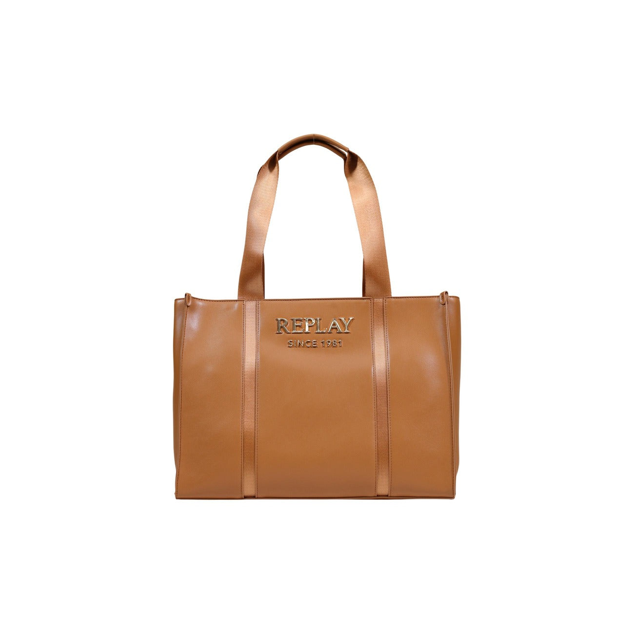 Borsa Shopper Replay Marrone; 100% Poliestere. Logo ricamato in rilievo, chiusura con zip, cuciture a vista. Dimensioni maxi 38x20x16 cm. Borsa a spalla resistente e versatile per tutte le stagioni. Vista frontale 