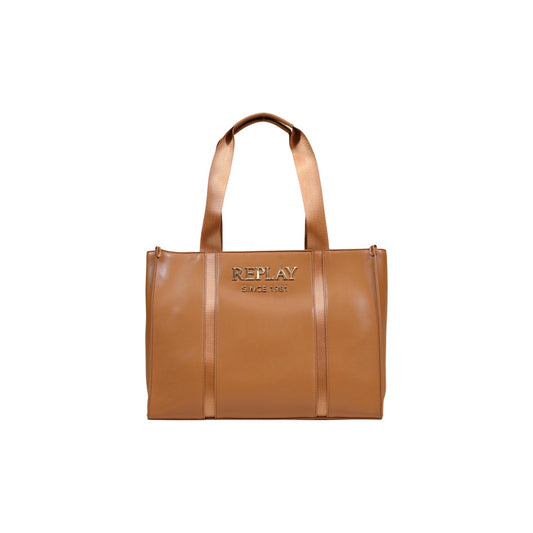 Borsa Shopper Replay Marrone; 100% Poliestere. Logo ricamato in rilievo, chiusura con zip, cuciture a vista. Dimensioni maxi 38x20x16 cm. Borsa a spalla resistente e versatile per tutte le stagioni. Vista frontale 