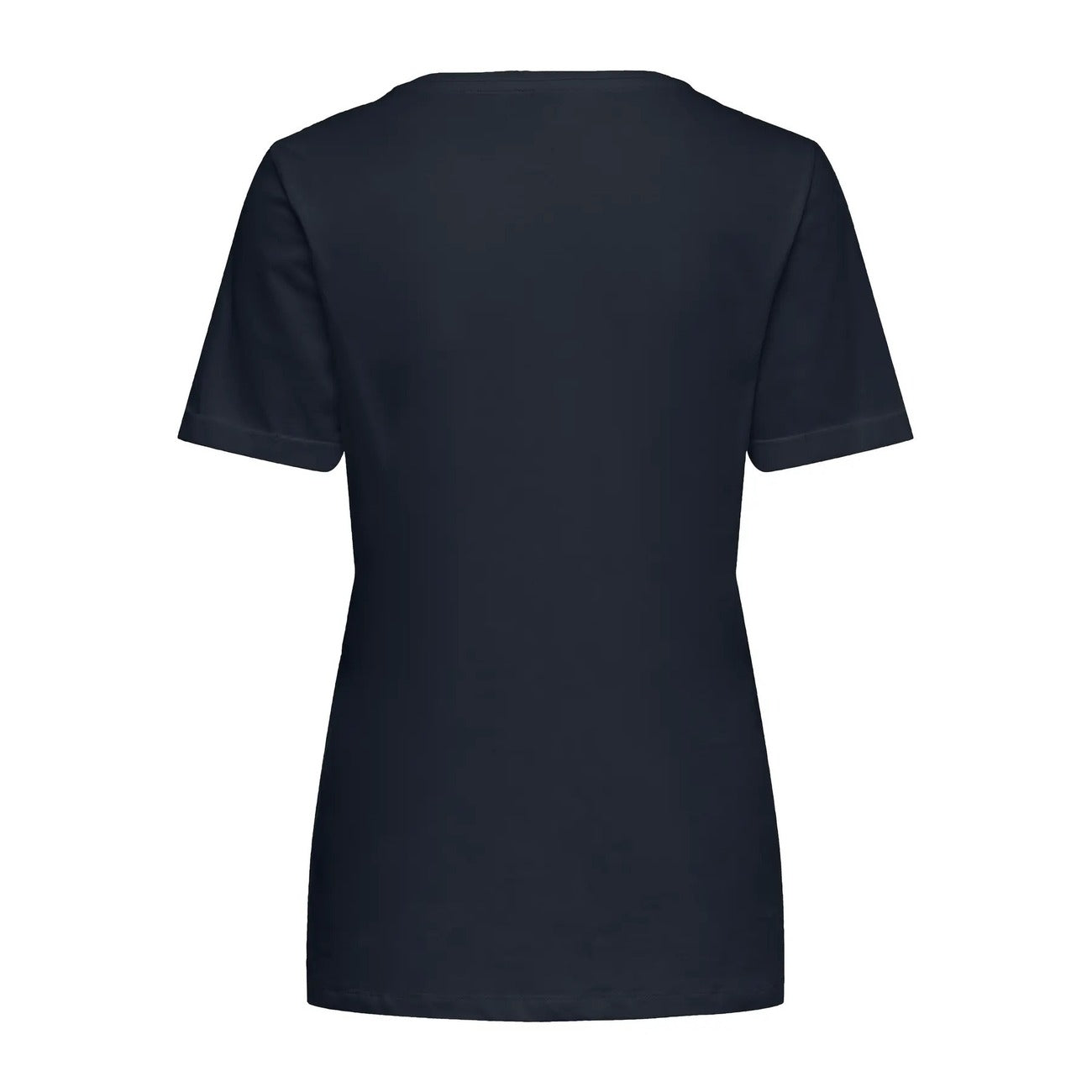 T-shirt Donna Blu Navy Only Kita Life; Maglietta a maniche corte in cotone tinta unita con girocollo. Piccolo logo sul petto, stile casual e continuativo quattro stagioni. Posteriore stesa 