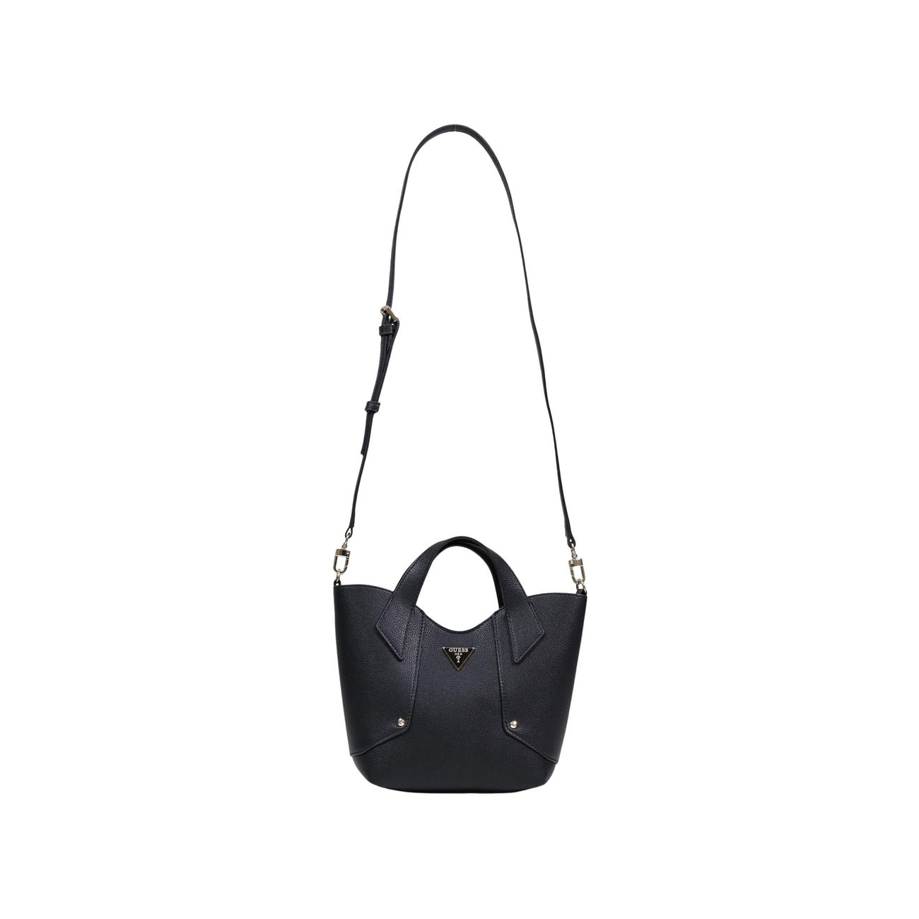 mini borsa a mano e a tracolla Guess Darcy con logo in poliuretano nero. Vista frontale 