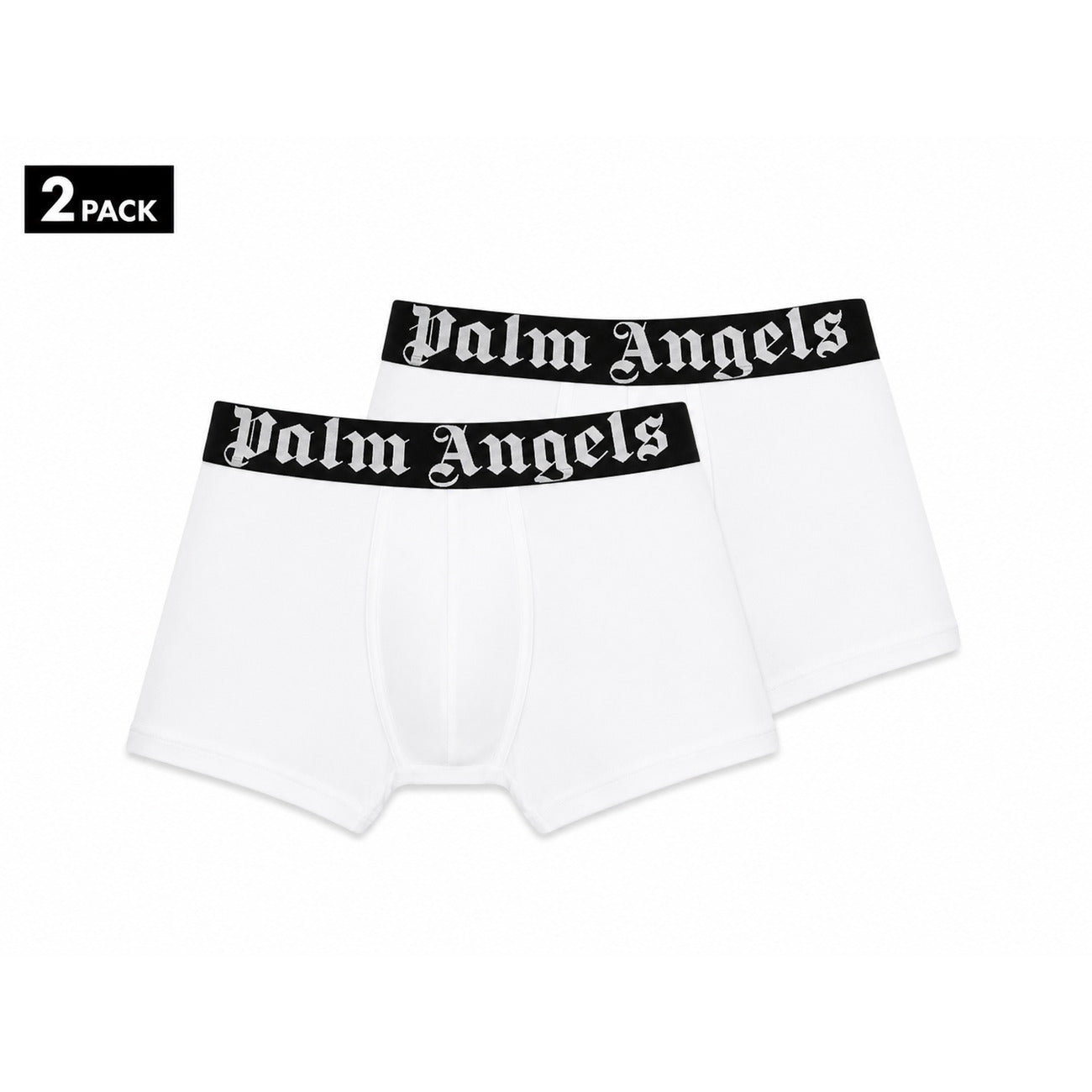Set 2 Boxer Palm Angels; Bianco/Nero. Fascia logata iconica, cotone elasticizzato premium, vestibilità aderente. Il tocco streetwear definitivo per l'intimo quotidiano. Frontale 