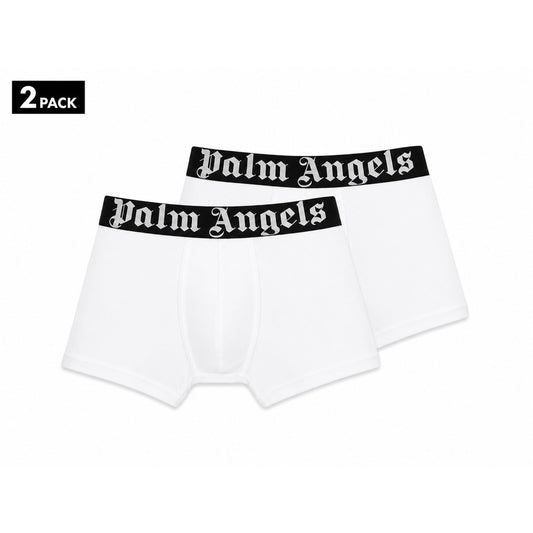 Set 2 Boxer Palm Angels; Bianco/Nero. Fascia logata iconica, cotone elasticizzato premium, vestibilità aderente. Il tocco streetwear definitivo per l'intimo quotidiano. Frontale 