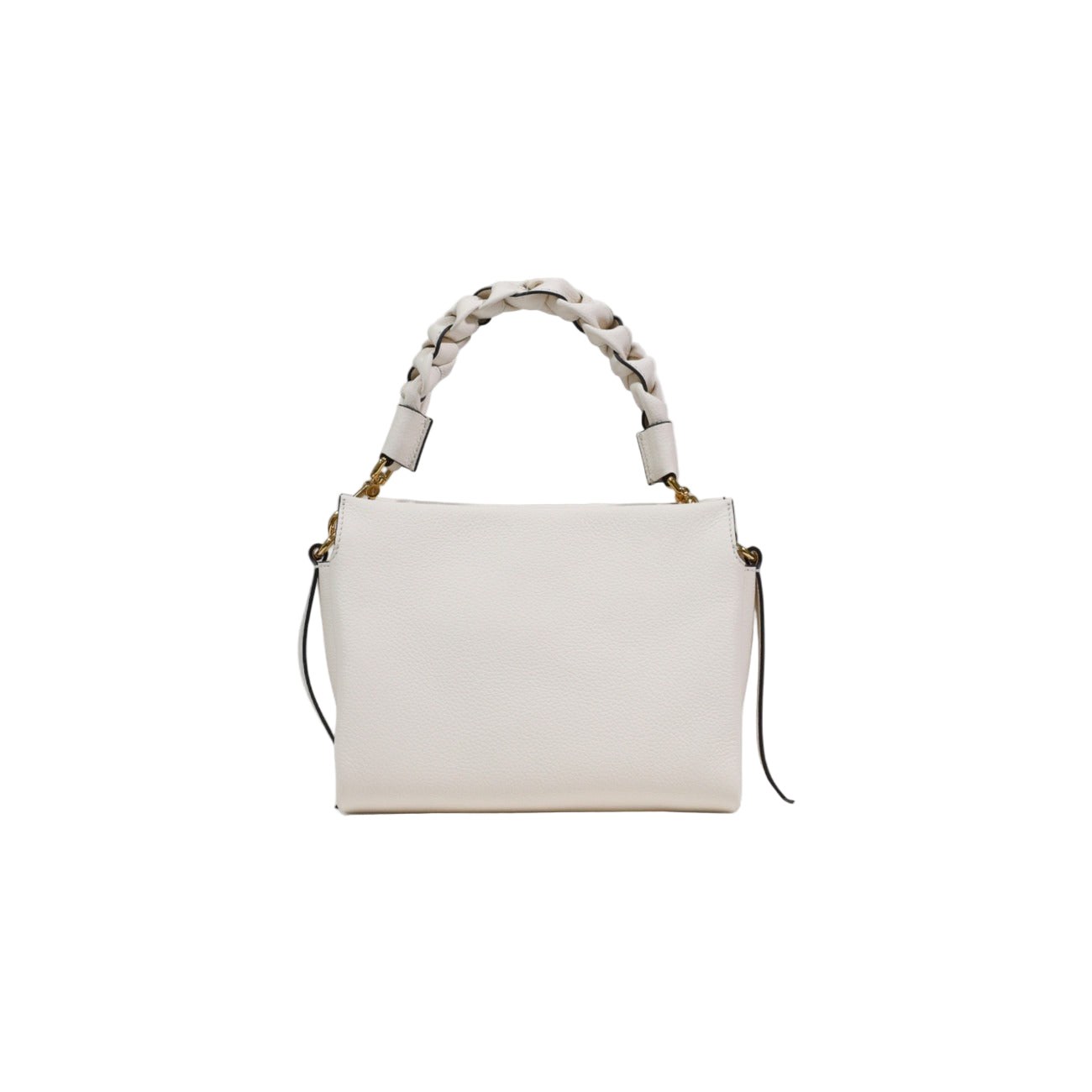 Coccinelle Boheme Grana Double; borsa bianca media in pelle, manico intrecciato, tracolla removibile. Qualità artigianale italiana e design funzionale.