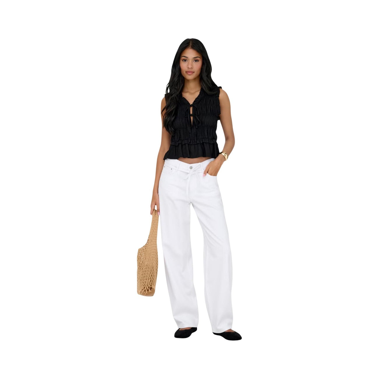 Jeans bianchi Only donna Balloon Fit 15363227. Jeans a vita media in 100% cotone denim bianco con cintura in coordinato, 5 tasche, taglio morbido a palloncino, pantaloni jeans estivi traspiranti Primavera/Estate.