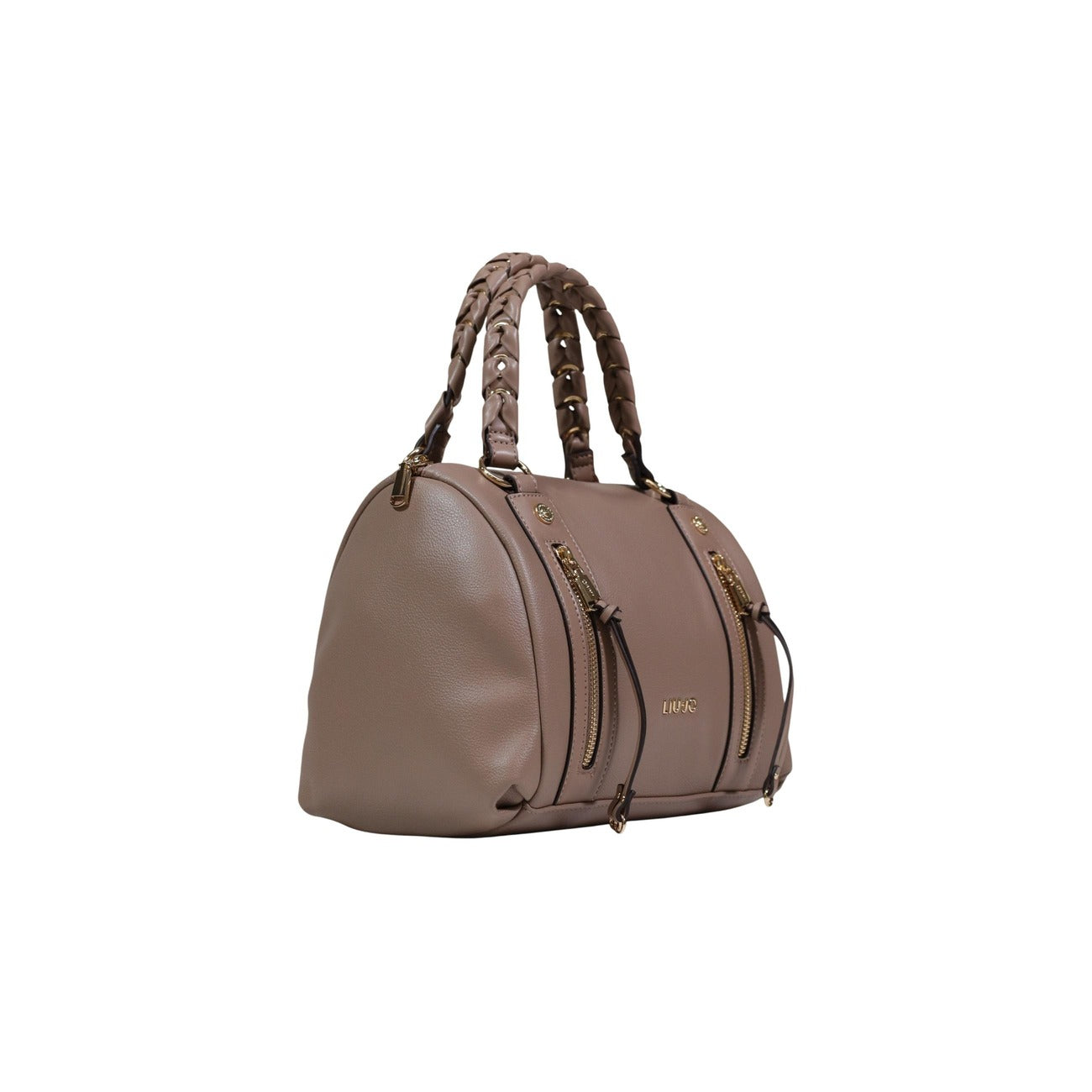 Borsa bauletto media Liu Jo; manici intrecciati, dettagli metallici dorati, zip decorative logate. Design strutturato in poliuretano premium. Colore marrone. Vista frontale Laterale 