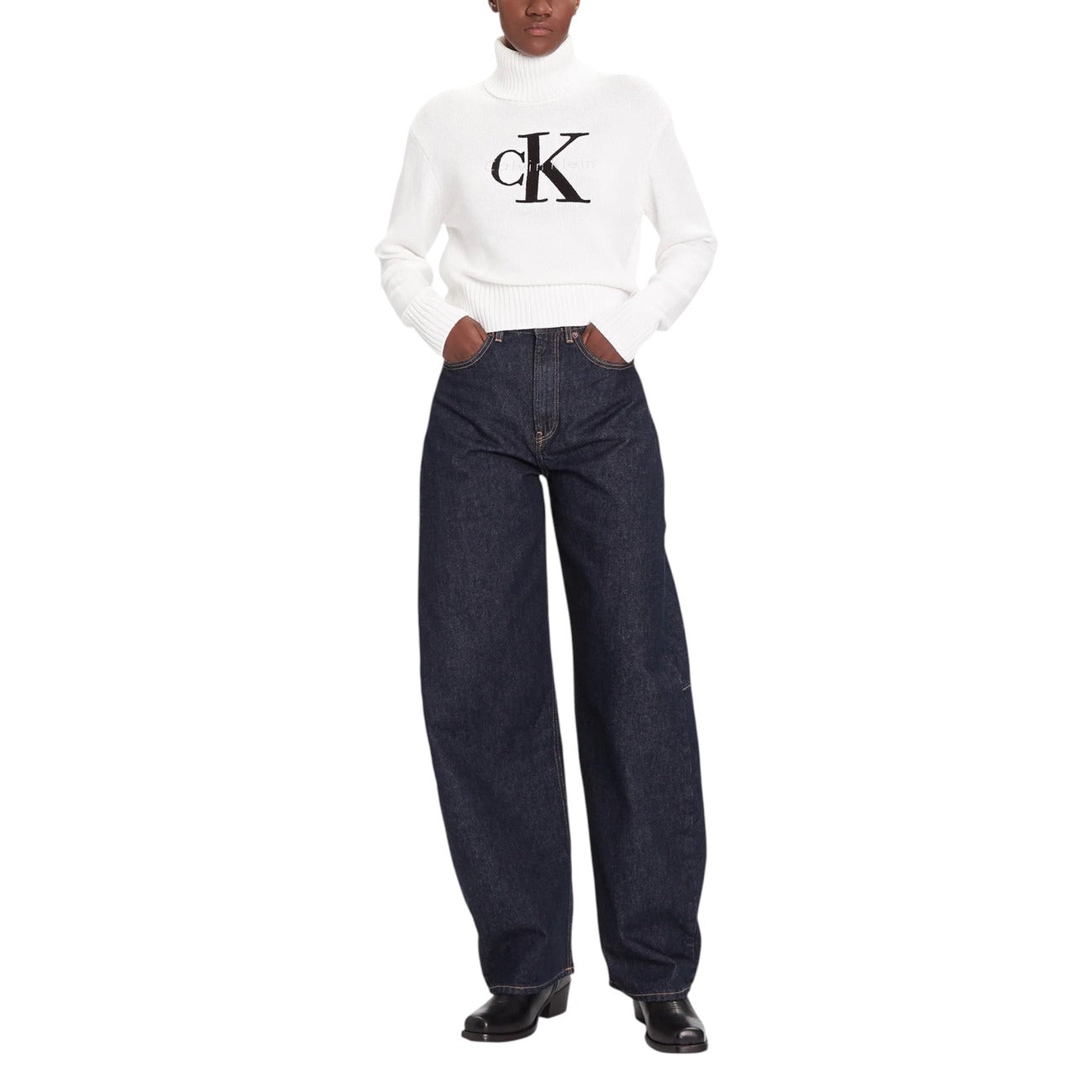 Calvin Klein Jeans Maglia Donna Bianca con Stampa Maniche Lunghe Scollo Alto - Maglia Acrilico Cotone