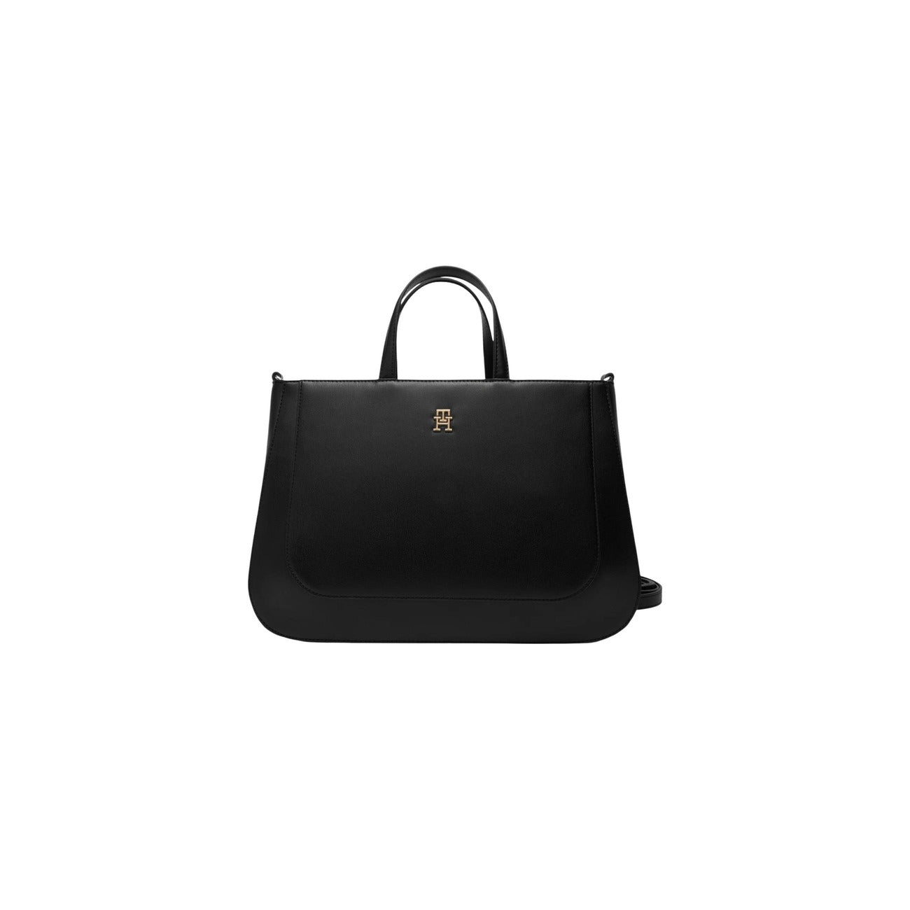 Borsa Tommy Hilfiger TH Glam Satchel; 100% Poliuretano liscio. Logo metallico, doppio manico e tracolla rimovibile. Borsa grande strutturata, ideale per ufficio e look formali. Colore nero vista frontale 