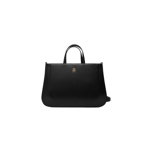 Borsa Tommy Hilfiger TH Glam Satchel; 100% Poliuretano liscio. Logo metallico, doppio manico e tracolla rimovibile. Borsa grande strutturata, ideale per ufficio e look formali. Colore nero vista frontale 