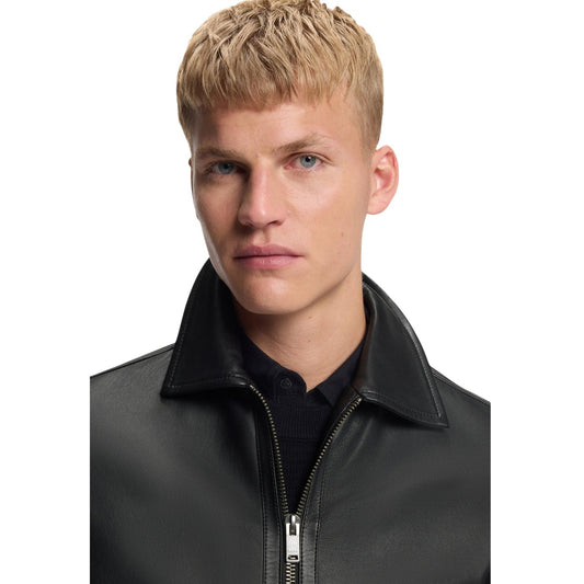 giubbotto in pelle regular fit BOSS Uomo con chiusura con zip, di colore nero. 
Vista frontale dettaglio colletto