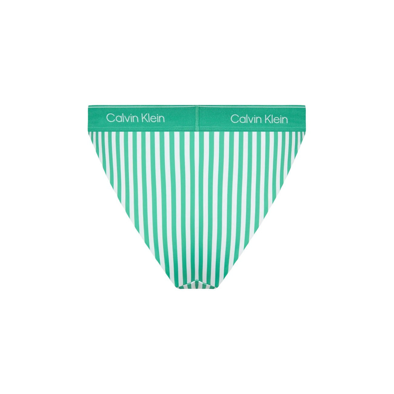 Slip Brasiliano CK Jeans; Verde a Righe. Tessuto riciclato ad asciugatura rapida, vita bassa con banda logata. Taglio brasiliano, stile sportivo e sostenibile. Vista posteriore stesa 