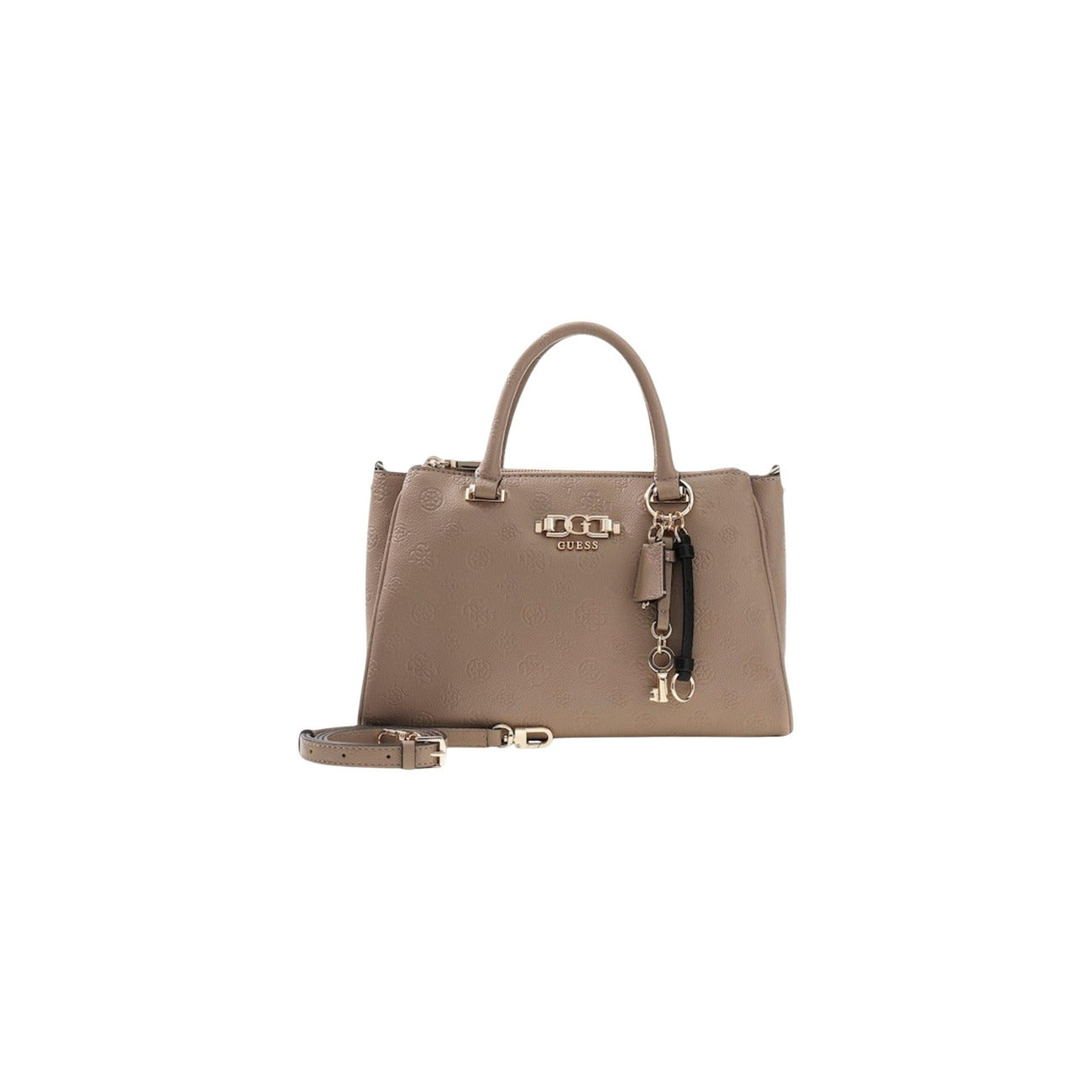 Guess Anise Triple Comp Satchel HWPD99, borsa marrone media con tre scomparti e charm a chiave; dettagli dorati, chiusura sicura e logo Guess, ideale per l'uso quotidiano organizzato. Vista frontale 