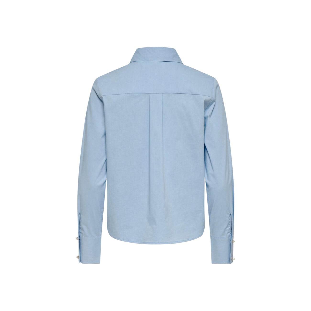 Camicia Only donna blu modello 15376883. Blusa a maniche lunghe in cotone elasticizzato blu scuro con scollo a V, colletto classico e applicazioni di fiocchi e perline sul davanti, camicia elegante e romantica per la mezza stagione.