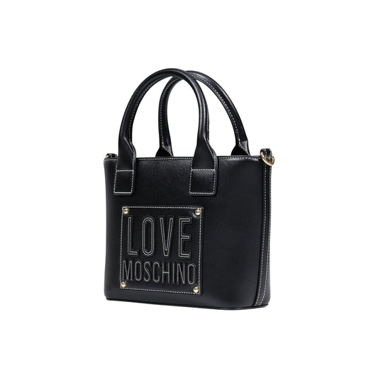 Borsa Love Moschino donna nera a tracolla modello JC4086PP1. Borsetta piccola nera a mano e a spalla con doppi manici corti, tracolla removibile, logo in rilievo con inserti metallici oro sul davanti e chiusura con zip, stile casual chic ed elegante.