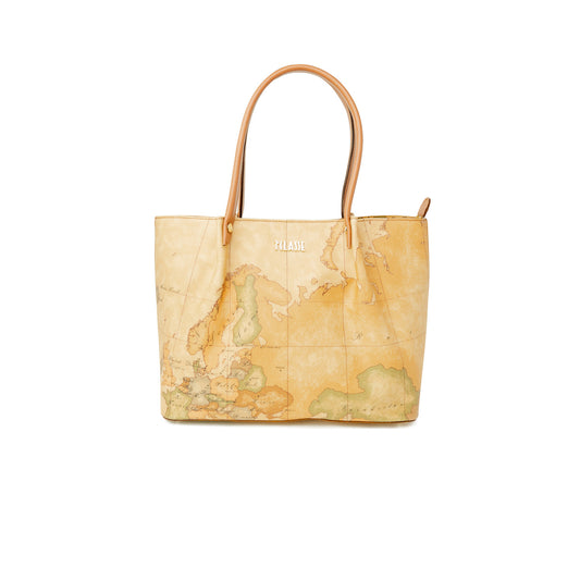 Borsa Shopper Maxi Donna Alviero Martini Prima Classe; Beige Geo Classic. 40% Pregiata pelle, chiusura superiore con zip, doppi manici a spalla e scritta logo in metallo. Profilo sottile e scomparto extra-large (45x40 cm), stile Heritage. Vista frontale 
